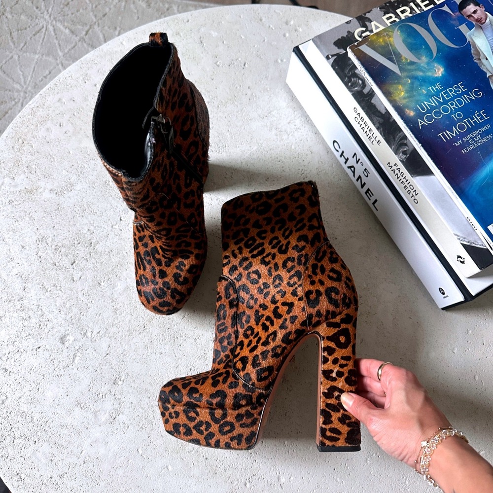 SCHUTZ Bold Animal Print Platform Ankle Boots Chunky Block Heel Pony Hair 37